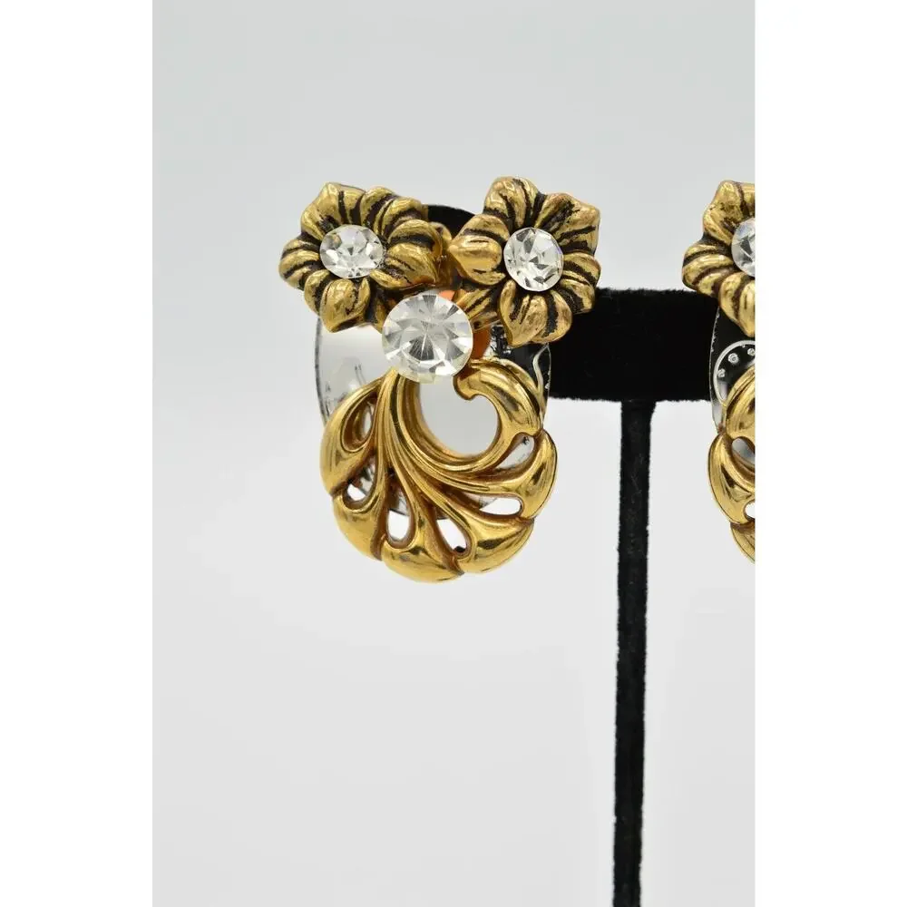 Vintage Clip On Earrings Rhinestone Crystal Mirrored Floral Chunky 1980s 9L